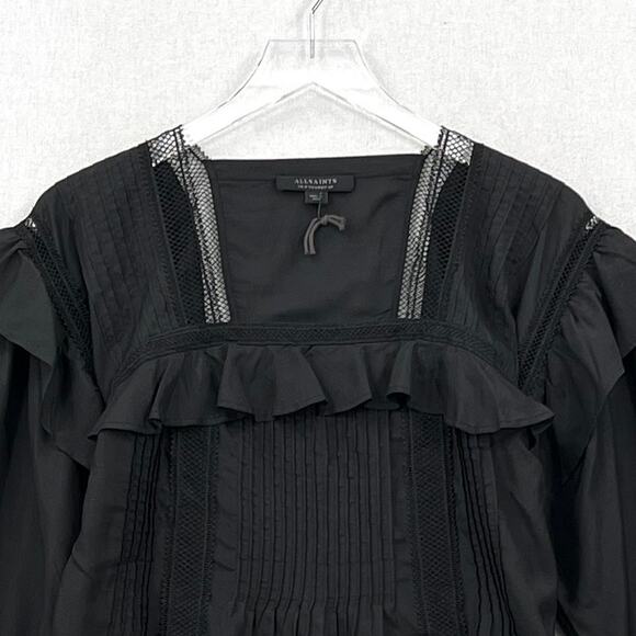 ALLSAINTS Juliette Pintuck Ruffle Top Womens 00 Black Square Neck Balloon Sleeve - Picture 5 of 13